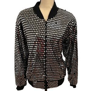 Monaliza High Fashion Jacket Womens Vintage Metallic Polyester Front Zip Black